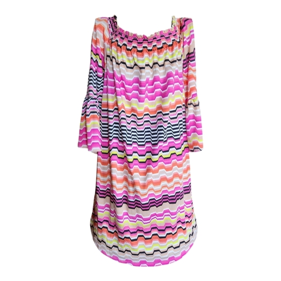 Trina Turk Off Shoulder Bell Sleeve Dress Multicolor Chevron Boho Chic Medium - Picture 2 of 9